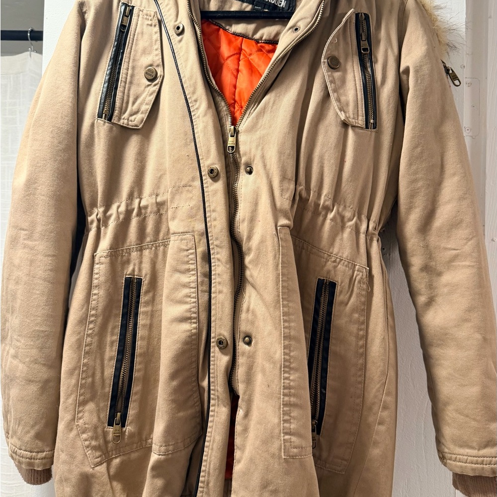 Steve Madden Beige Utility Jacket with Black Zippers